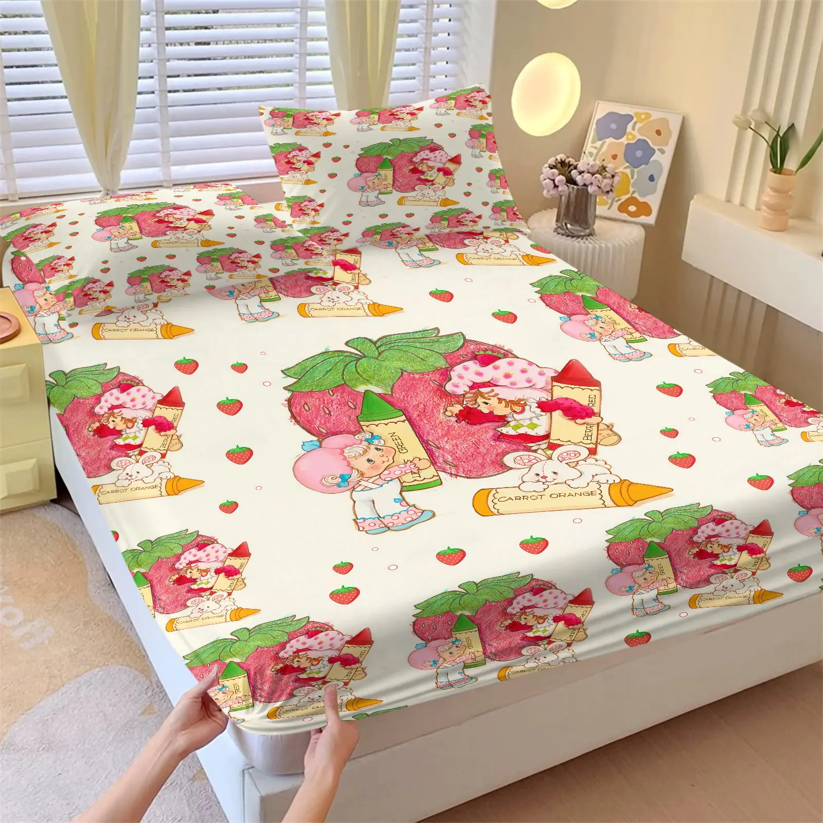 Strawberry Shortcake Fitted Sheet Set, 1 Fitted Sheet + 2 Pillowcases - 3 Pcs Soft Breathable Cartoon Printed Bedding with Deep Pocket, 360° All-Round Wrap, Wrinkle Resistant, Cute Strawberry Cartoon Bed Sheets for Girls Bedroom Decor, Full Size