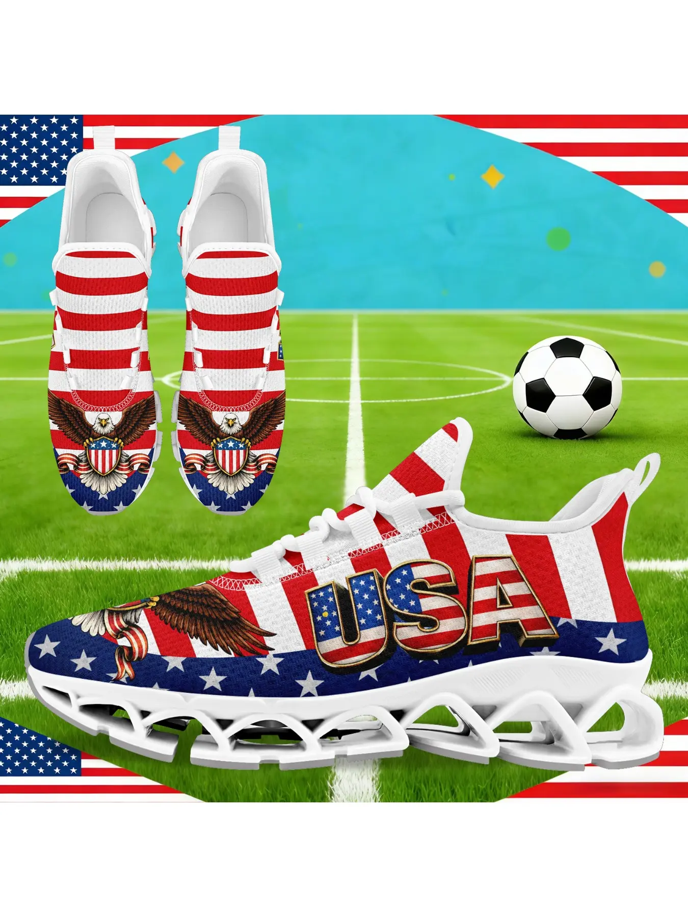 Men's Patriotic US Colors Laced Sports Shoes, Athletic Shoes, Low Top Trainers, Stylish Breathable Blade Sporty Low Top Sneakers, Comfortable All-Day Wear Casual Walking Shoes, Active Footwear