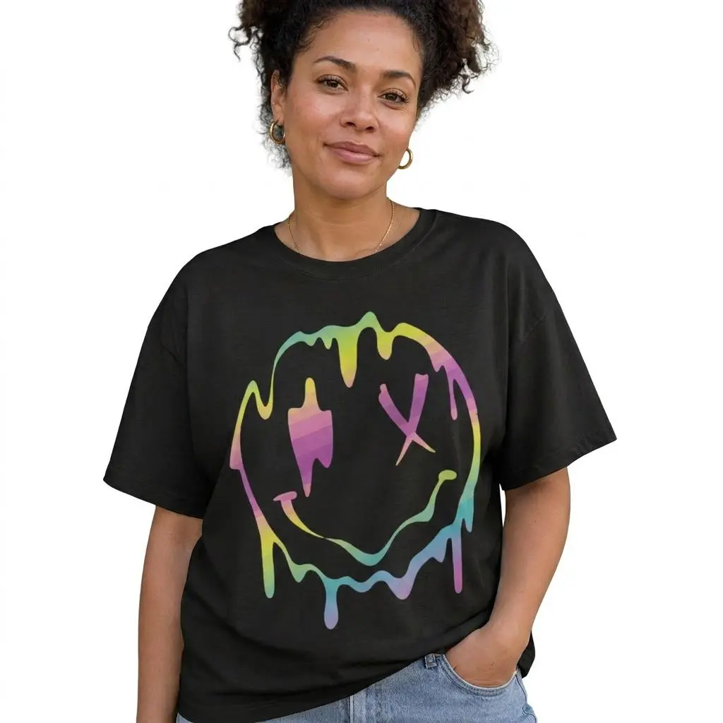 Melting Smiley Face Graphic Tee Women Plus Size Groovy Trippy Shirt
