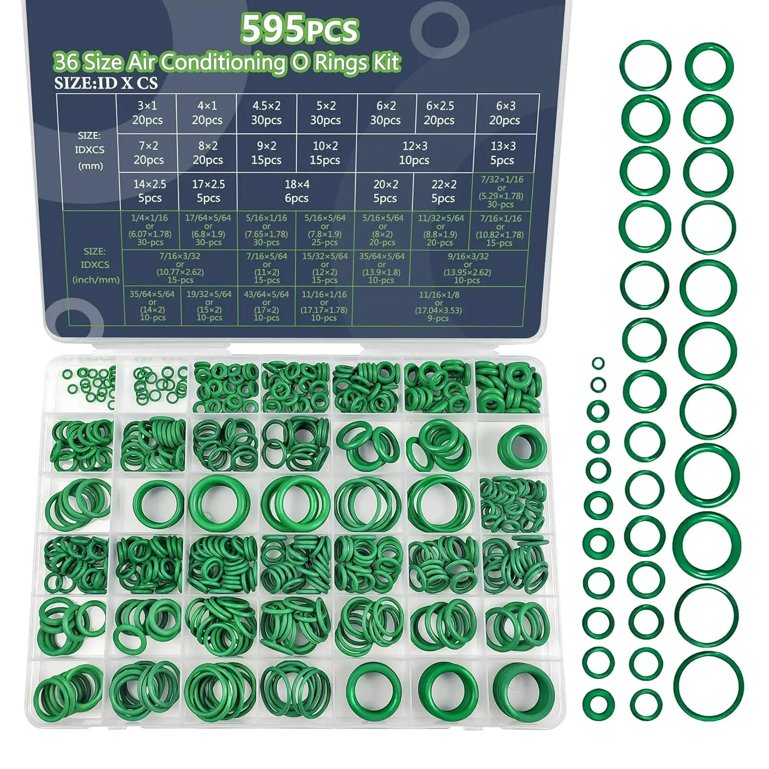 595Pcs AC O-Ring O Rings Assortment Kit 36 Metric & SAE Sizes Green NBR Rubber Seals for Automotive HVAC Plumbing Water Fittings