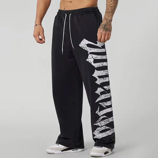 Men’s vintage distressed wide-leg sweatpants with Gothic letter print, drawstring elastic high waist, loose street-style long pants, soft breathable casual athletic pants with side pockets