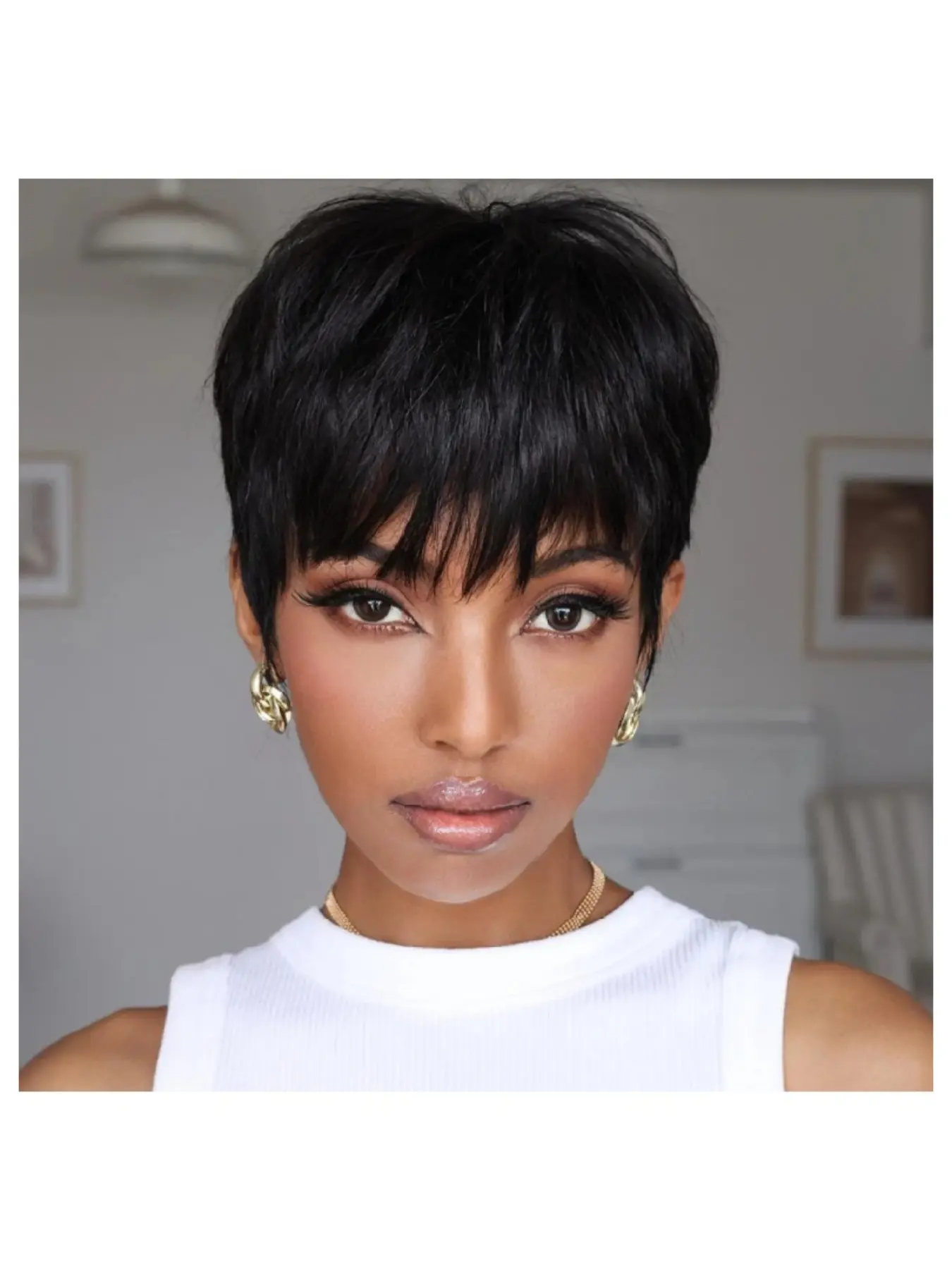 Pixie Cut Black Wigs With Bangs Human Hair Machine Made Remy 