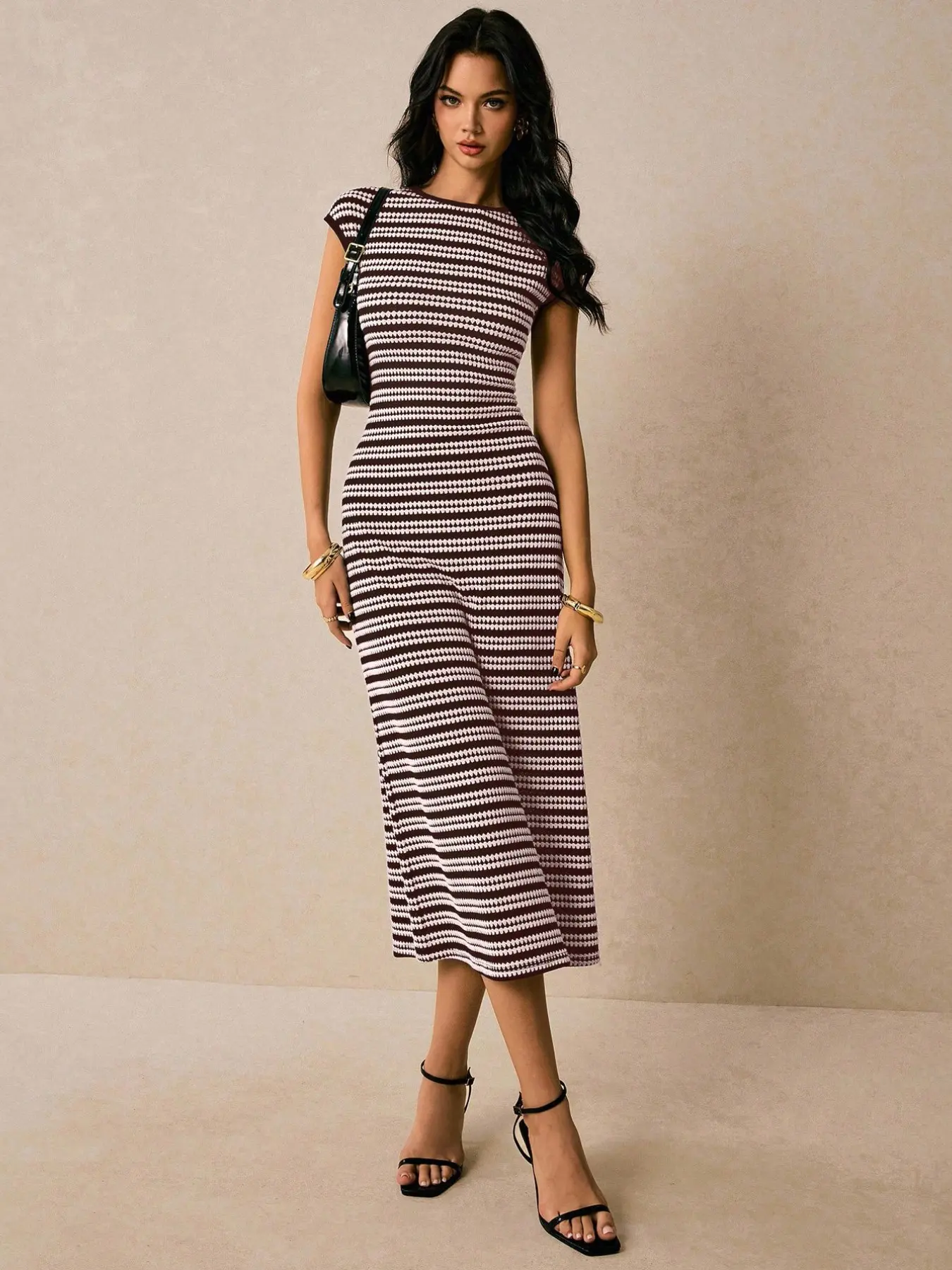 Summer New Striped Round Neck Slim Fit Short Sleeve Dress, Elegant Slimming Mid-Length Bodycon Dress, Fashionable Chic Summer Modest Dress, Casual Wear