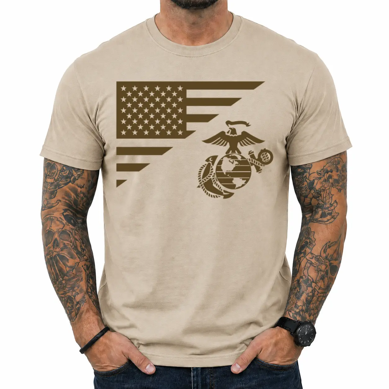 USMC Marine Corps T-Shirt, Split American Flag EGA Graphic Tee, Veteran Military Pride Shirt, Patriotic Cotton T-Shirt