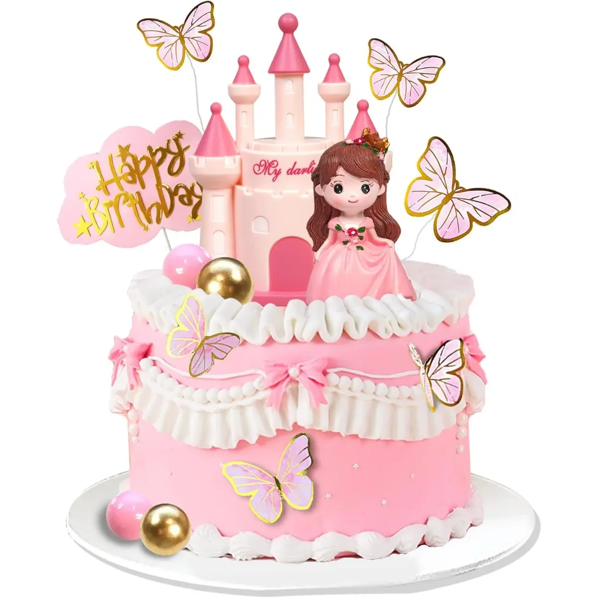 1 Set of Cake Decoration Set, Pink Princess Cake Topper Set Castle, Butterflies & Balls Decoration for Birthday Party, Wedding Cake Toppers Ornaments Fairy