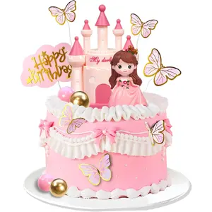 1 Set of Cake Decoration Set, Pink Princess Cake Topper Set Castle, Butterflies & Balls Decoration for Birthday Party, Wedding Cake Toppers Ornaments Fairy