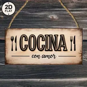 Spanish Kitchen Sign Cocina Con Amor, Rustic Design Wooden Wall Decor with Cooking Tools Pattern, Vintage Farmhouse Art for Home, Cafe, Restaurant