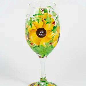 Yellow Sunflower Tall Stemmed 20oz Hand Painted Wine Glass