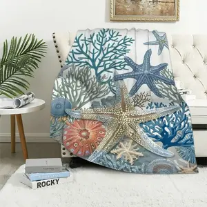 Patifu Nautical Coastal Blanket Starfish Seashell Coral Beach Themed Throw Blankets Gifts for Adults Sea Ocean Theme Lightweight Soft Fleece Cozy for Sofa Couch Bed Thanksgiving graduation ceremony holiday gifts for friends and family tiktokshopspringglow