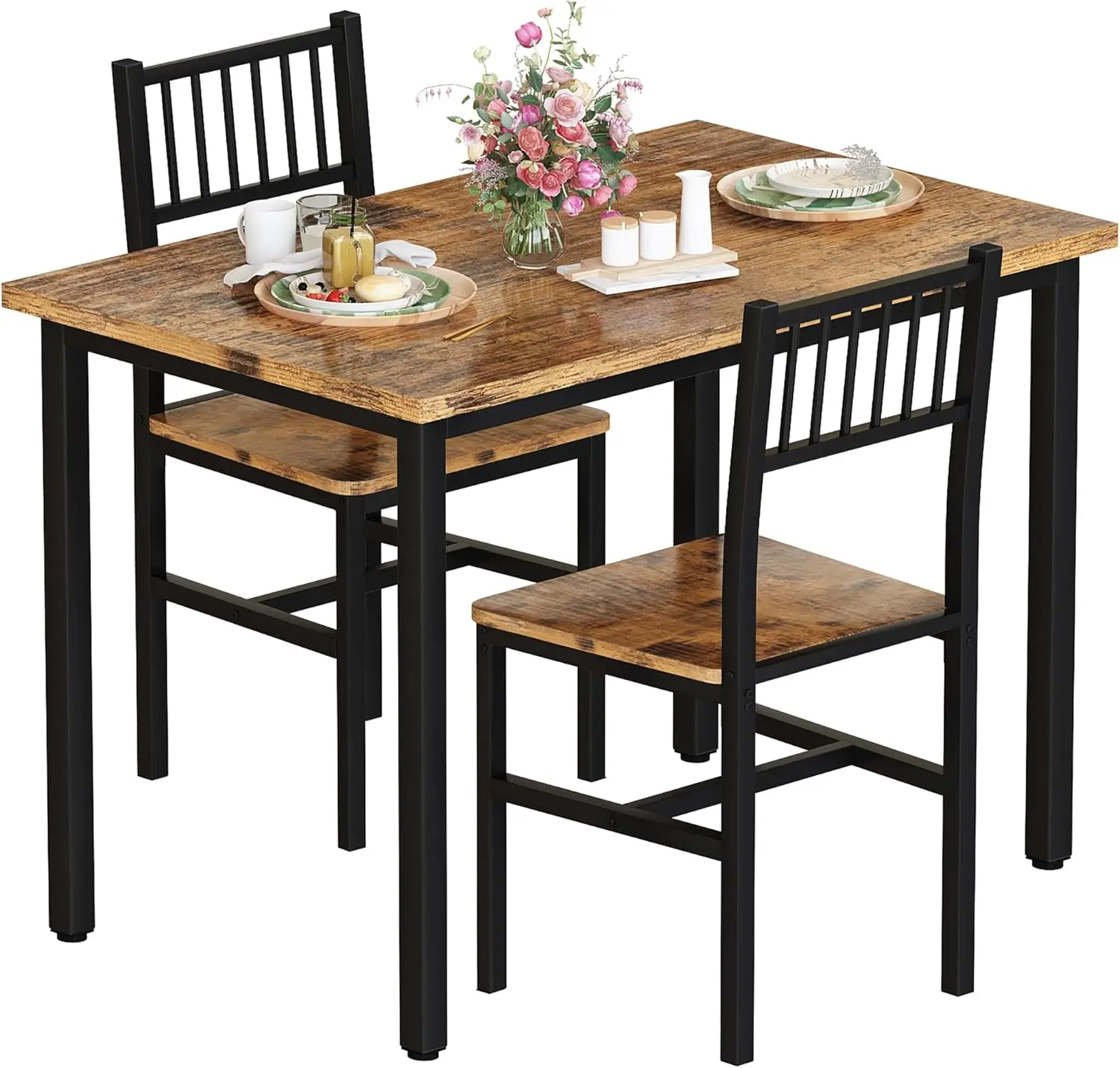 Recaceik 3-Piece Compact Wood & MDF-Steel Dining Room Table and Chairs Set - 41.25lbs, Assembly Required, 200lbs Capacity, Small Apartment Nook Solution, Damp Cloth Cleanable, For 2 roommakeover