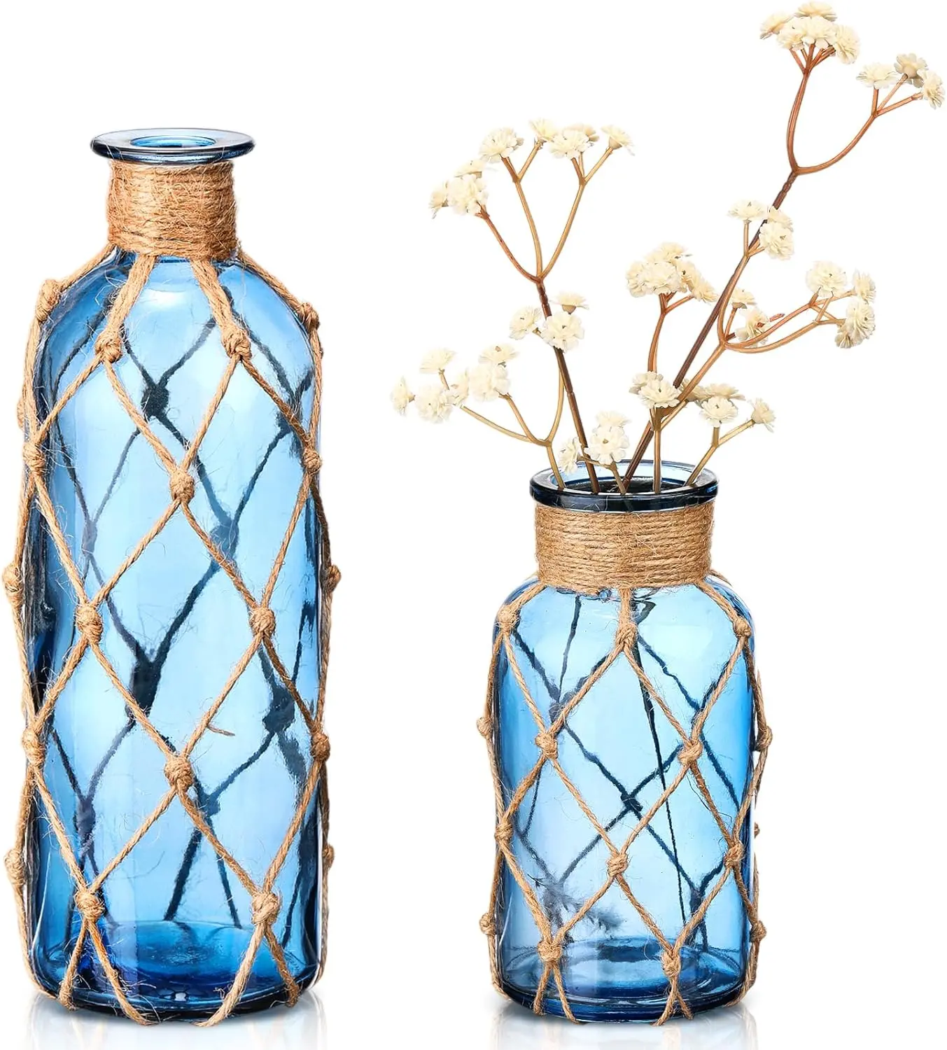 Chuangdi Set of 2 Coastal Glass Vases for Flowers TSITP Flower Vase with Boho Rope Small Sea Glass Jar Nautical Beach Bottle for Wedding Table Centerpieces Floral Arrangement Decor(Navy Blue)