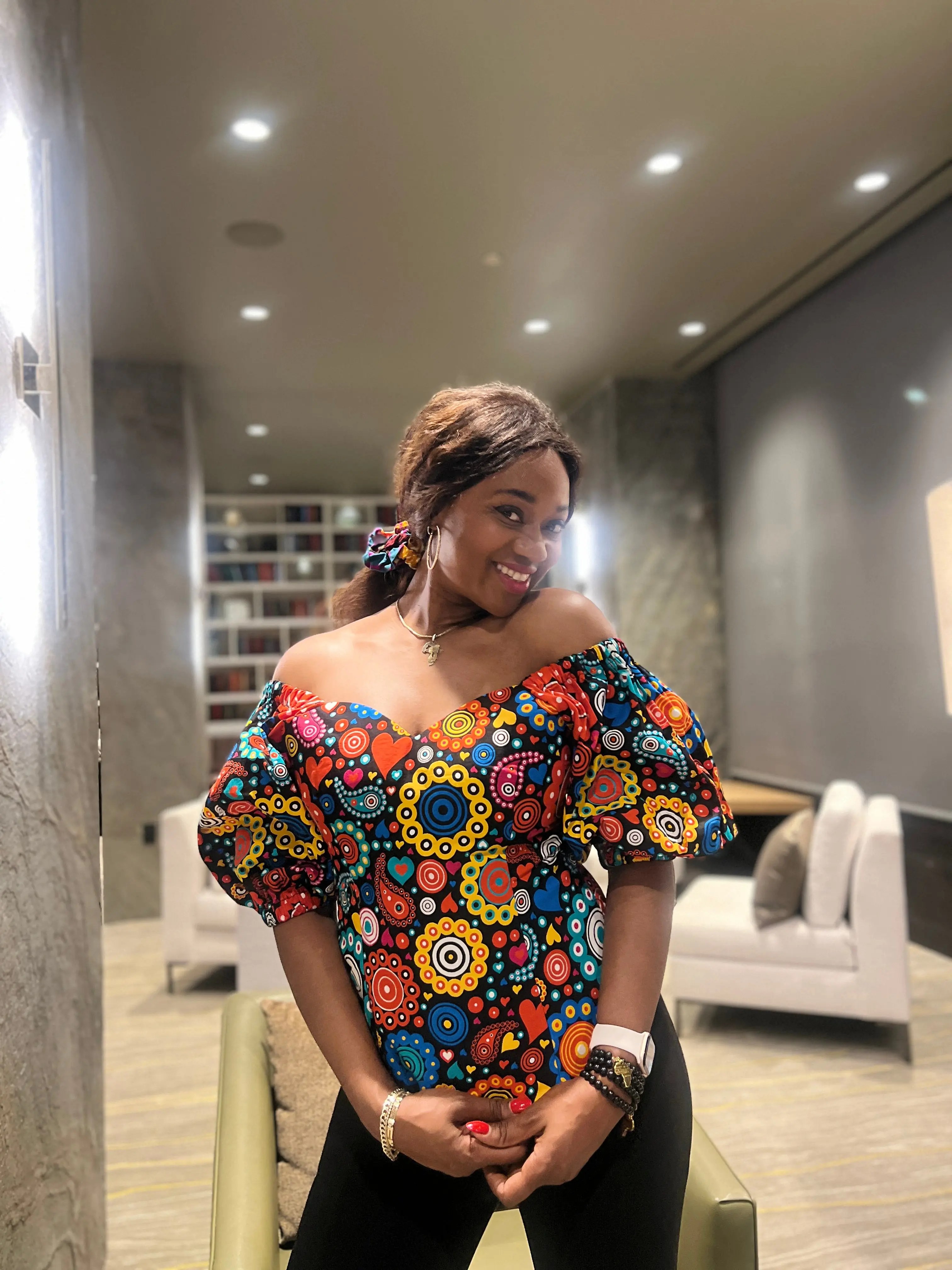 African print Off Shoulder Ruffle Elasticated Ankara top with