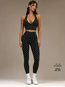 Women's Polka Dot 2-Piece Set, Halter Sports Bra + High-Waist Tight Pants, Four-Way Stretch, Tummy Control, Gym, Street, Home Wear, Workout Sets //