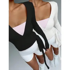 Women's Knitted Pure Color Elastic Soft Comfortable Fit Front Tie V Neck Bodycon Long Sleeve Short Top, Fashion Versatile Casual Sportswear