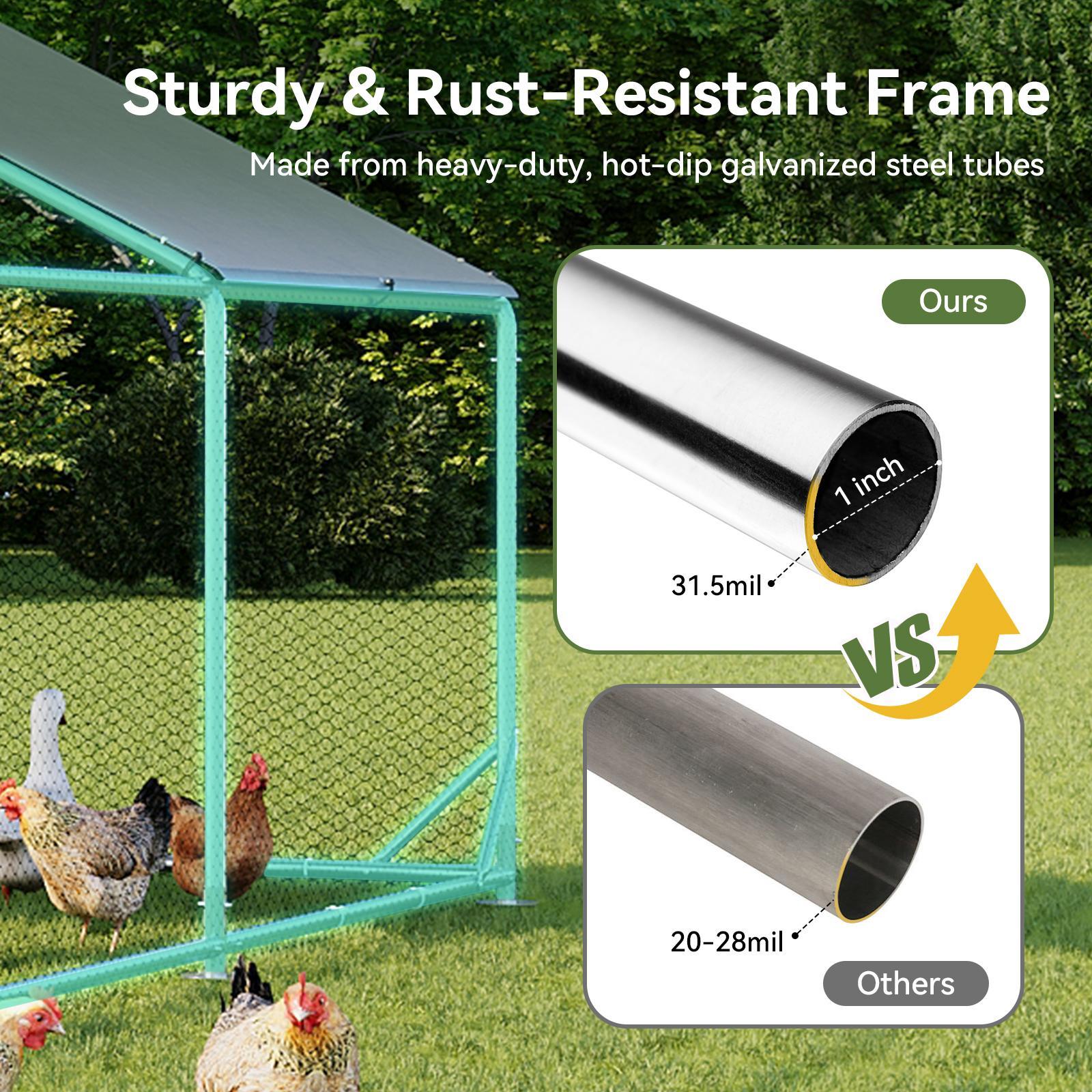Large Metal Chicken Coop, Outdoor Chicken Runs for Yard with Cover, Spire Roof Hen House Enclosure with Security Lock, Walk-in Cage Peak Hen House for Yard Farm