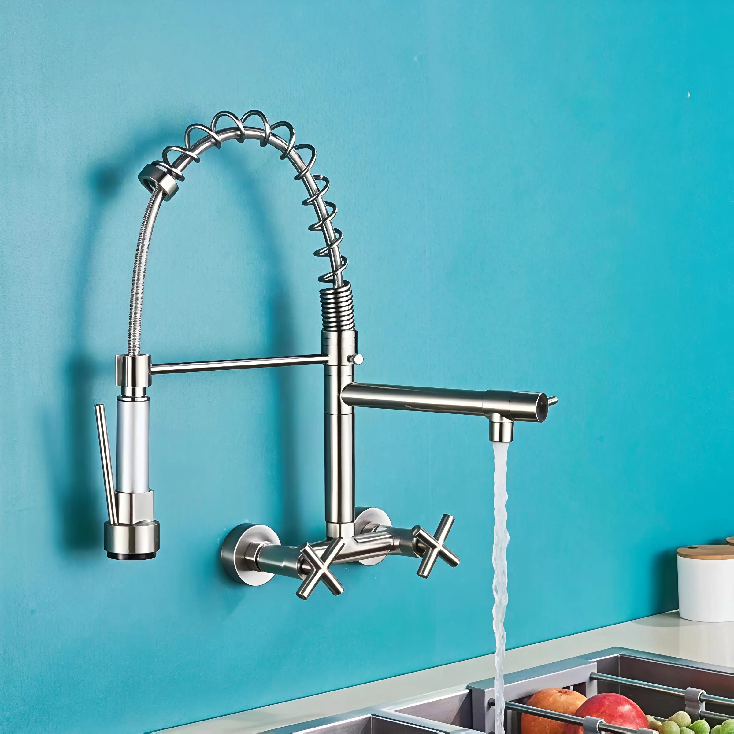 Wall-Mounted Dual-Hole Spring Kitchen Faucet, Horizontal Dual-Handle Cold Hot Water, Vegetable Basin Dedicated, Double Handle Faucet, Kitchen Sink Faucet, Faucet For Kitchen Sink