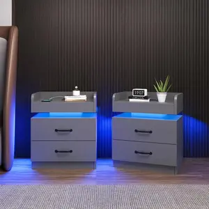 LED Night Stand Set Of 2, Bedside Table With 2 Drawers, Modern LED End Side Tables,