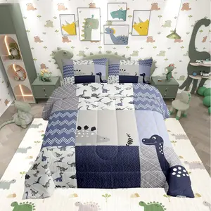 Cute Dinosaur Comforter Set,Blue Gray Grid Bedding Set for Kids Girls Women Adults Kids,Cartoon Animals Comforter,Waves Stripes Quilted Duvet Set