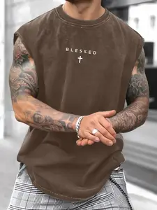 Men's Loose-Fit Sleeveless Short Graphic T-Shirt, Pure Cotton Menswear Streetwear Street Style Summer Top, Casual Fashion Design for Daily Wear & Sports