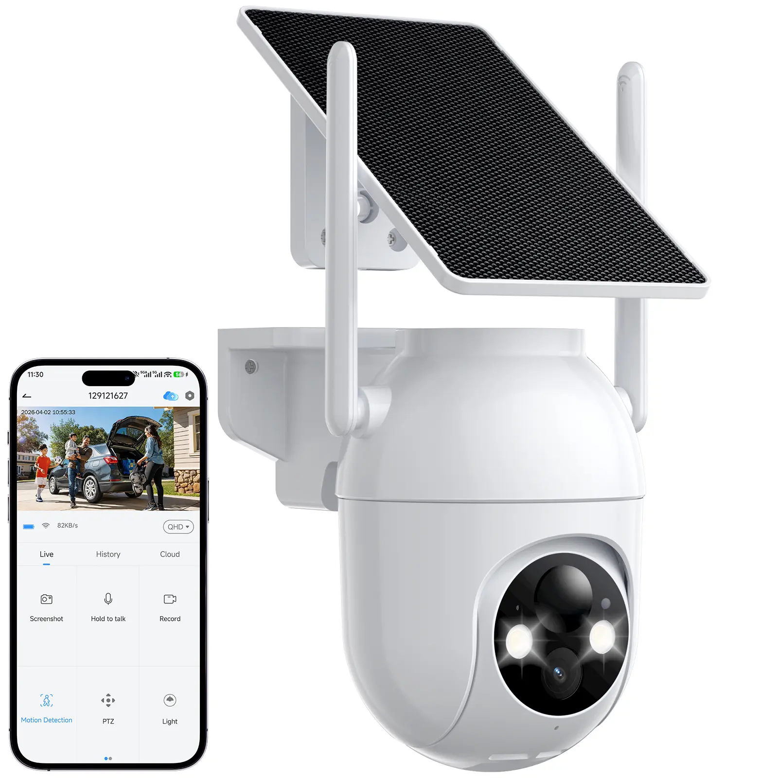 Security Cameras Wireless Outdoor WiFi, Solar Battery Powered, 360° View, AI Human Detection, Color Night Vision, 2-Way Audio, Real-Time Alerts, IP66 Waterproof, SD/Cloud Storage White