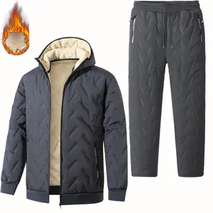 Winter Men Thermal 2Pcs Tracksuit, Plus Velvet Hooded Sherpa Fleece Jacket, Warm Cotton Padded Coat Set, Comfort Casual Outerwear for Outdoor & Daily Use summerwins