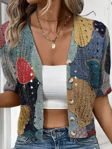 Women's V Neck Colorblock Patchwork Knit Cardigan, Hollow Out Button Design, Boho Vacation Style, Casual Elegant Outerwear