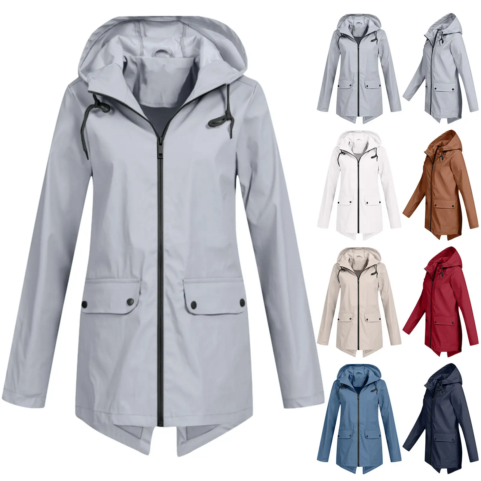 Lady's Fitted Long Sleeve Waterproof Hooded Winter Rain Jacket - Solid Color, Lightweight Casual Mountaineering Coat with Zipper Pockets, Outdoor Outerwear, Rain Jackets, Waterproof For Rainy Days, Hooded Neck, Chic Look, Zippered Front