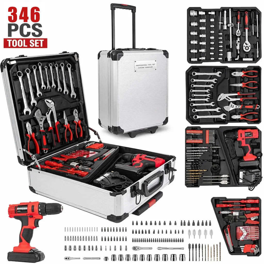 346 / 799PCS Rolling Tool Kit, Aluminum Trolley Case Tool Set Silver, House Repair Kit Set, Household Hand Tool Set Gift on Father's Day