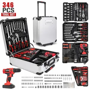 175/346/799PCS Rolling Tool Kit, Aluminum Trolley Case Tool Set Silver, House Repair Kit Set, Household Hand Tool Set, with Tool Belt,Gift on Father's Day (Silver)