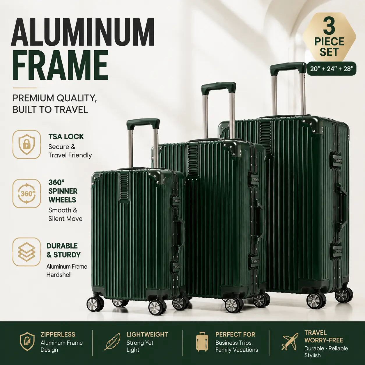GMZGZN 3-Piece Zipperless Aluminum Frame Luggage Sets, Hardshell Suitcase with TSA Lock, Spinner Wheels, 20/24/28in Travel Luggage for Business, Family Trips - Gold sohochic