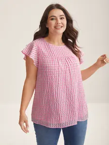 BloomChic Women's Plus Size Casual Ruffle Blouse - Shortsleeve Flutter, White Smoke Round Neck, Textured Sheer Lined, Lightweight Spandex-Polyester Fabric, Cap-Inclusive Style Clothes for Office Outfits, M-6X 2026 Summer Pick