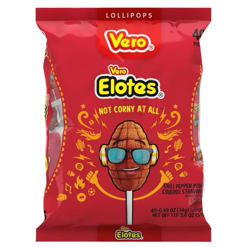Elotes Strawberry Lollipops Coated with Chili Powder, Hot and Sweet Candy Treat, Artificially Flavored, Net Wt. 19.7 Ounces, 40 Count Bag Snack Bonbon