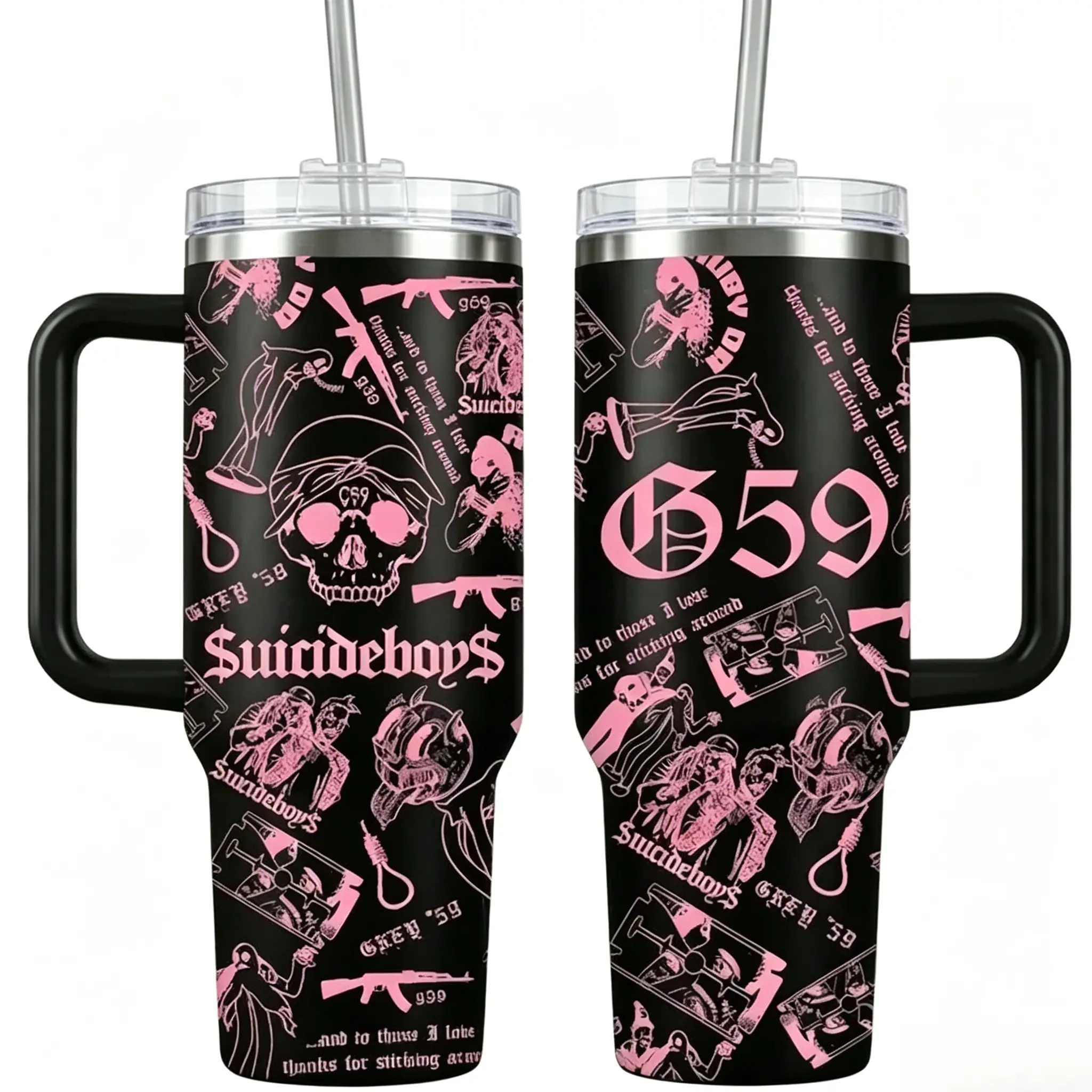 G59 Grey Five Nine Suicideboys Dark Trap Goth Insulated Tumbler with Multicolor Skull Collage, Underground Rap Style Travel Mug Keeps Iced Coffee Cold for Hours, Perfect for Edgy Streetwear Aesthetic Daily Commute