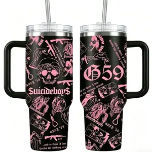 G59 Grey Five Nine Suicideboys 40oz Insulated Tumbler, Multicolor Skull Collage Aesthetic Travel Mug, Dark Trap Goth Underground Rap Style Cup, Premium Stainless Steel Heat Cold Retention Drinkware