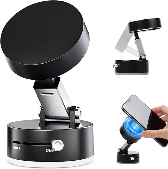 Suction Cup Mirror Phone Holder,Travel Wall Phone Camera Holder for Makeup Content Creator Essentials,Vacuum Suction Cup Holder for Car/Home/Mirror/Gym,Bathroom/Kitchen,Smooth Surface (Black) Magnetic Metal
