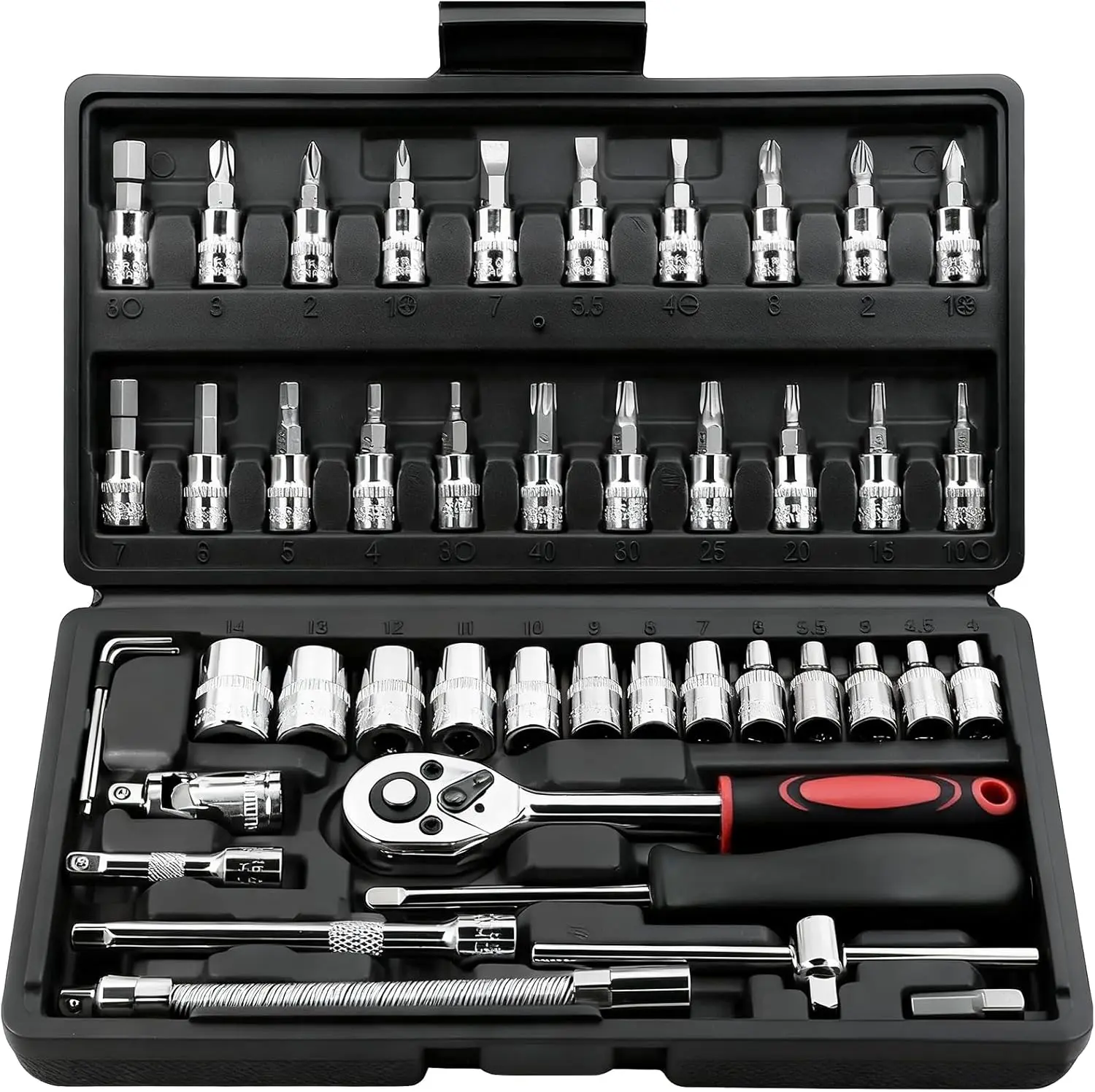 [Black Friday] 46PCS Tool Set, Car Repair Machinery Tools, Household Machinery Tools, Car and Bicycle Repair Tools, 1/2 * 1/4 "3/8" Drive Depth and Standard Socket, Ratchet Torque Wrench Screwdriver Socket Combination Tool, Valentine Gifts for Men