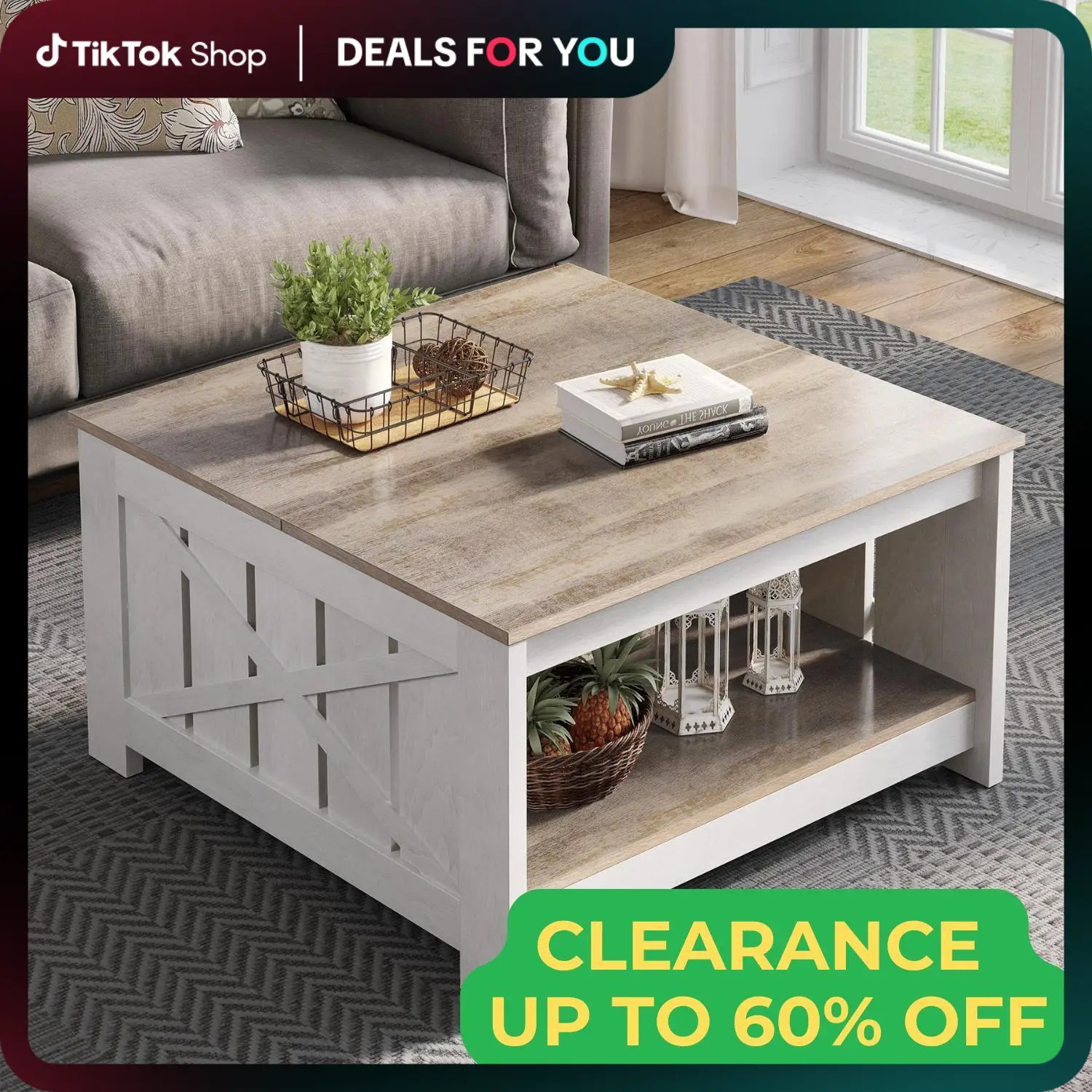 Yitahome Farmhouse Coffee Table with Storage, Square Wood Modern Rustic Coffee Table for Living Room,Grey Wash Coffee Tables,Coffee Table with Half Op