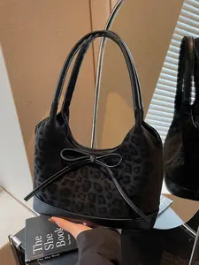 Valentine's Day Gift Leopard Print Vintage Tote Bag, Versatile Fashion Bow Shoulder Bag, Simple Handbag for Daily Shopping Commute, PU Tote Satchel, Fashionable Unique Bags