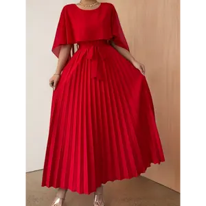 Women's Elegant Round Neck Sleeveless Solid Polyester Chiffon Gown - Pleated Hem, Open Front Cape Belt, Fabric Design - Suitable for Weddings, Special Occasions