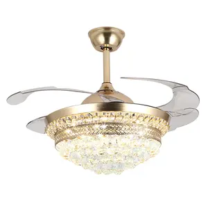42" Invisible Ceiling Fan Chandelier with Light,Modern Crystal Ceiling Fan Light Remote Control 4 Retractable ABS Blades for Bedroom Living Dining Room Decoration (Gold)