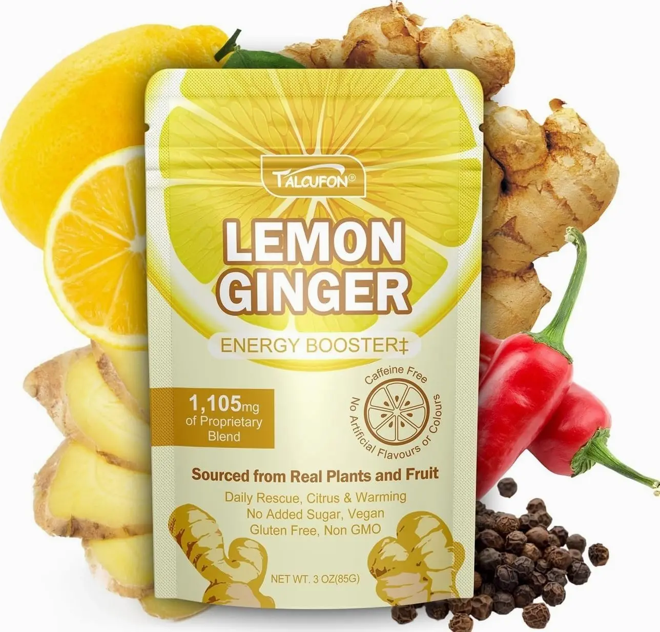 Talcufon Lemon Ginger Blend Superfood Powder with MCT Oil, Turmeric, Ginger, Ture Lemon Powder, Acacia Fiber Powder, Cayenne Powder, Black Pepper Powder All Natural, Caffeine-Free 3Oz (85G)