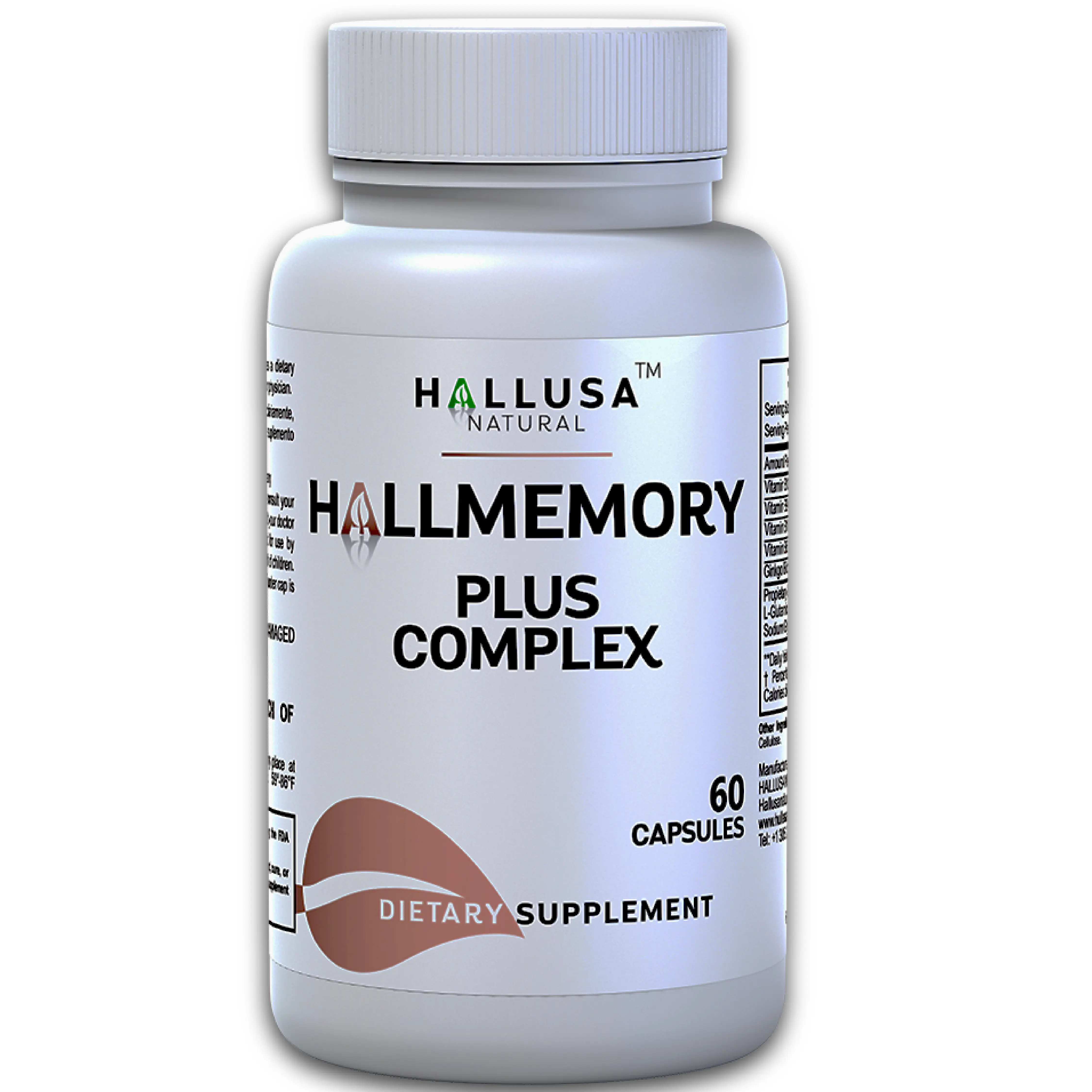 HALLUSA NATURAL Hallmemory Cognitive Brain Booster Dietary Supplement for Adults - 60 Capsules, Vitamins B1,B6,B9,B12, Ginkgo Biloba, Organic, GMO-Free, No GMOs or Artificial Additives, Gluten-Free Vegan, Supports Cognitive Function & Memory Boost, Capsul