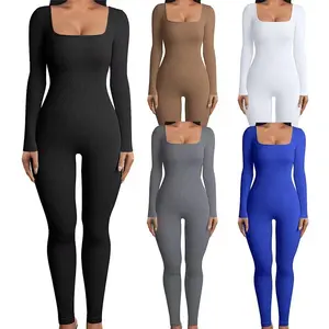 Women's Jumpsuit Autumn Winter Ribbed Square Neck Slim Fit Long Sleeve Basic Minimalist Overalls for Casual Outings in Black Beige White Gray Blue