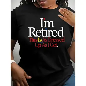 Women's Short-Sleeve Round Neck Graphic T-Shirt - "I'M RETIRED" Bold Lettering Black Casual Comfy Polyester Blend Top, Machine Washable