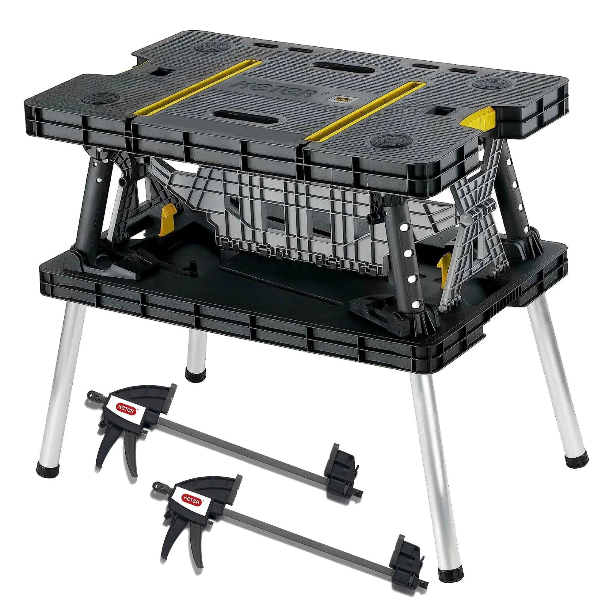 Keter Heavy Duty Portable Folding Table Tool Storage Stand Workbench Sawhorse with 12" Clamps for DIY Projects Home Improvement Weather Resistant Polypropylene Aluminum