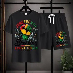 Men’s summer regular-fit cotton short-sleeve T-shirt and cotton shorts set featuring a Juneteenth Black History graphic print. Fashionable casual menswear two-piece set with pocketed athletic elastic-waist drawstring shorts; suitable for running, golf