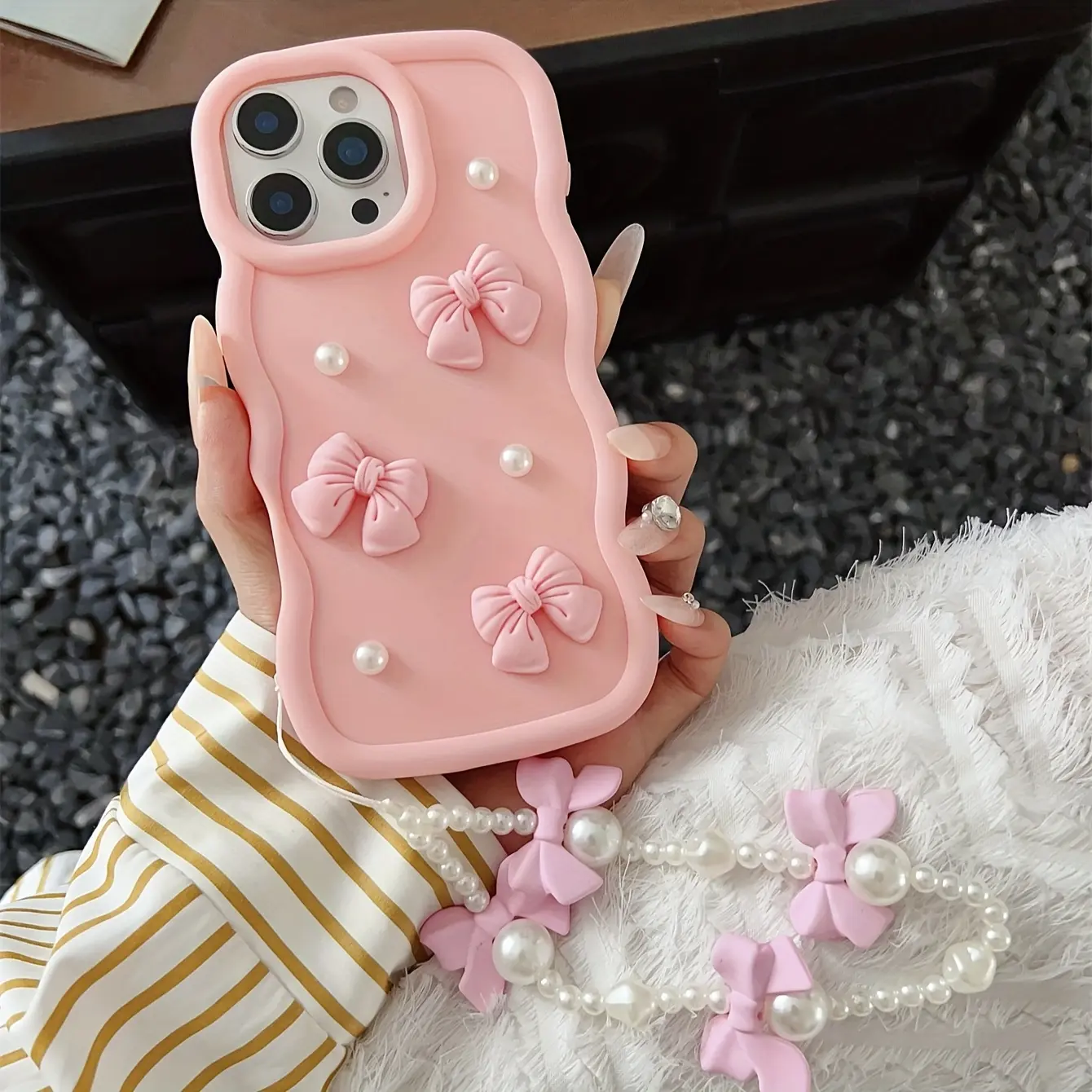 Adorable macaron bow protective phone case cover with matching bow bead bracelet, suitable for iPhone 11, 12, 13, 14, 15, 16, and various other models, Cellphone Casing, Protector Accessories