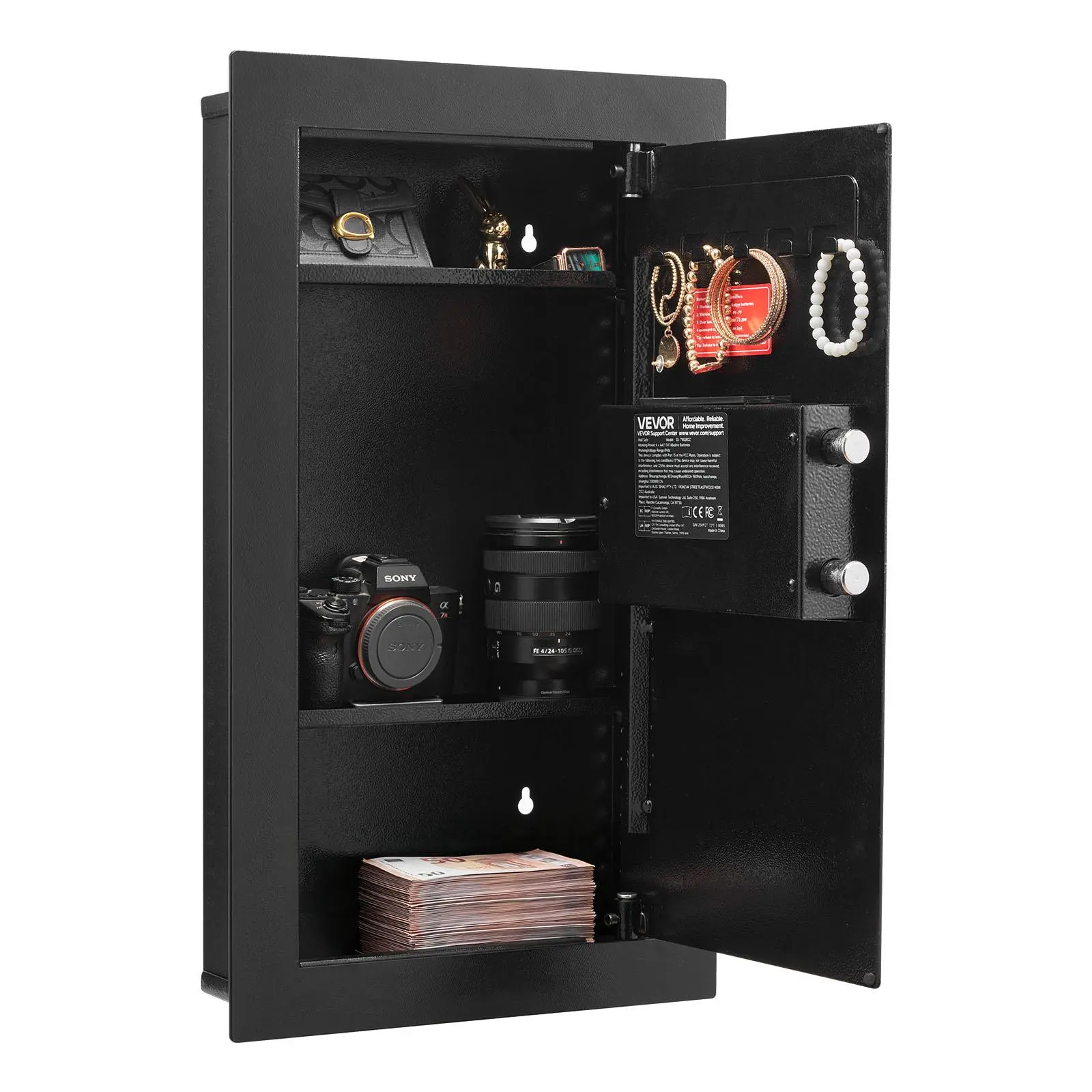 【Summerfinds】VEVOR Wall Safe,3-Tier Hidden Wall Mounted Safe with Password & KeyQ235 Cold-Rolled Steel In-Wall Box with LED Lighting2 Adjustable Shelves & 5 Key Holders for MoneyJewelryPassportBlack
