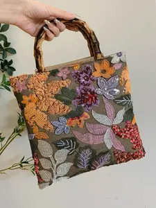 Embroidered Floral Handbag, Sequined Embroidery Tote Bag, Bamboo Handle, Unique Personality Bag, Fashionable Shoulder Bag, Handbag Shoulder Purse