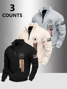 Men's Flag Pattern Graphic Hoodie, Fleece Lined Loose Fit, Casual Style, Comfortable Warm, Perfect for Fall & Winter, 3 Pack